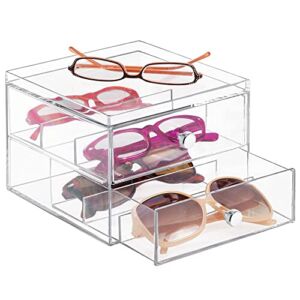 mDesign Stackable Plastic Eye Glass Storage Organizer Box Holder for Sunglasses, Reading Glasses, Lens Cleaning Cloths, and Accessories – 2 Divided Drawers, Chrome Pulls – Clear