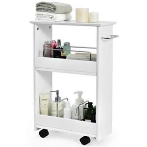 GOFLAME Slim Bathroom Storage Cart, Wooden Storage Shelf with Towel Bar and Side Handle, Storage Cabinet Organizer with Rolling Casters for Bathroom, Laundry, Kitchen