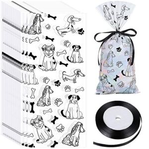 100 Pieces Dog Paw Bone Print Treat Bags Puppy Dogs Cellophane Bags Candy Gift Bags with 2 Rolls Ribbon Ties for Pet Treat Party Favor (White Dog Paw Style)