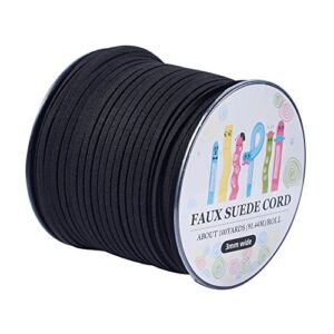 Pandahall 98Yard 90m/roll 3×1.4mm Faux Suede Cord String Leather Lace Beading Thread Suede Lace Double Sided with Roll Spool 295feet Black