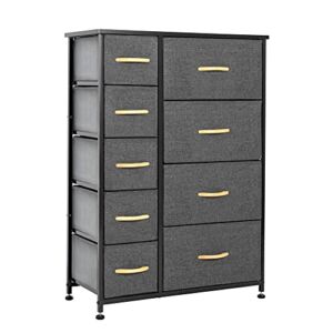 Crestlive Products Vertical Dresser Storage Tower – Sturdy Steel Frame, Wood Top, Easy Pull Fabric Bins, Wood Handles – Organizer Unit for Bedroom, Hallway, Entryway, Closets – 9 Drawers (Gray)
