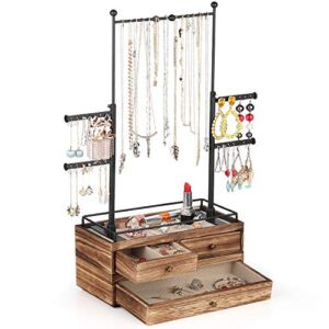 Jewelry Organizer – 2 Layer Wooden Jewelry Drawer Storage Box with 6 Tier Jewelry Tree Stand, Jewelry Display for Necklaces Bracelet Earring Ring (Carbonized Black)