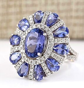 PR Jewerly Women Elegant 925 Silver Blue Tanzanite Gemstone Flower Cluster Ring Engagement (7)