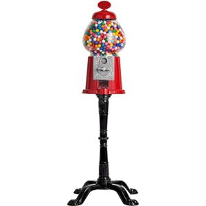 Gumball Machine – 15 Inch Candy Dispenser with Stand for 0.62 Inch Bubble Gumball – Heavy Duty Red Metal with Large Glass Bowl – Easy Twist-Off Refill – Free or Coin Operated – by The Candery
