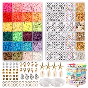QUEFE 6000pcs Flat Beads, Clay Beads for Bracelets Jewelry Making with 915 Letter Beads, 24 Colors 6mm Polymer Round Clay Bead Kits, Pendant Charms and Elastic Strings