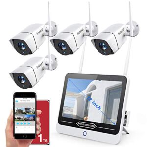 Wireless Camera System with Monitor,Firstrend 1080P Security Camera System Wireless 8CH with 4PCS 1080P WiFi Indoor Outdoor IP Cameras Night Vision Motion Detection 12 Inch Monitor with 1TB Hard Drive