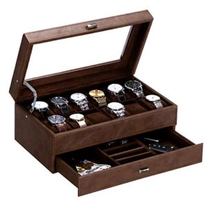 BEWISHOME Watch Box for Men Luxury Watch Organizer Faux Leather Watch Case with Jewelry Drawer, Real Glass Top , Metal Hinge, Brown SSH12Z