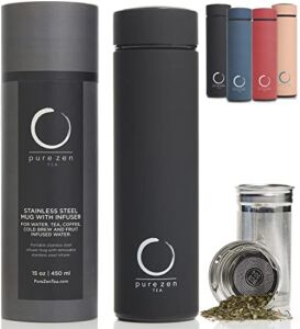 Pure Zen Tea Thermos with Infuser – Stainless Steel Insulated Tea Infuser Tumbler for Loose Leaf Tea, Iced Coffee and Fruit-Infused Water – Leakproof Tea Tumbler With Infuser – 15oz – Black