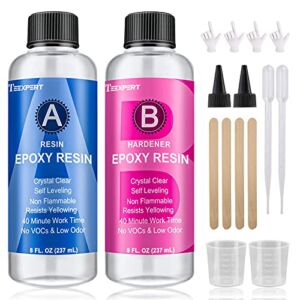 Teexpert 16OZ Epoxy Resin – Crystal Clear Resin Kit for Jewelry DIY Art Crafts Cast Coating Wood,Easy Cast Resin Bonus with 4 Sticks,2 Graduated Cups, 2 Pairs Gloves, 2 Droppers, 2 Beak Covers