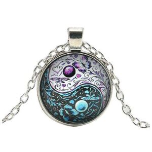 Vintage Ying Yang Butterfly Cabochon Glass Silver Chain Pendant Necklace Jewelry EW sakcharn