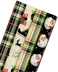WRAPAHOLIC Christmas Wrapping Paper Roll – Black and White Buffalo Plaid, Retro Santa Holiday Collection – 4 Rolls – 30 Inch X 120 Inch Per Roll