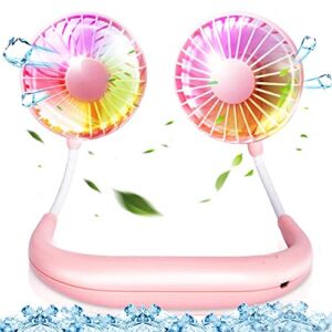 Rechargeable Portable Neck Fan, 3 Speeds Hands Free Fan with 7 Colours LED lighting, 360° Cooling and Quiet Personal Fan, Adjustable USB Powered Neck Fans for Built-IN Aromatherapy Tablets for Women