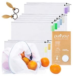 purifyou Reusable Produce Bags | Washable Mesh Set of 9 Grocery with Drawstring, Large Foldable Washable Shopping Bags for Fridge Storage, Freshness, Fruits, Vegetables, Toys, Groceries, Kitchen, Home, Farmers Market, Gift Bags and Travel