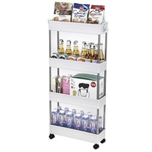 4-Tier Ultra thin Cart on Wheels, Mobile Slim Storage Cart, Multi-Functional, Suitable for Kitchen, Bathroom, Laundry Room Narrow Place, Plastic and Stainless Steel, White (16L x 5.1W x 34.5H)