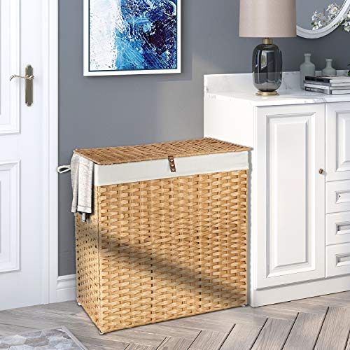 GREENSTELL Laundry Hamper with lid, 90L Wicker Laundry Baskets Foldable 2 Removable Liner Bags, 2 Section Clothes Hamper Handwoven Rattan Laundry Basket, Easy to Install Nature 18.3×13.3×24 Inches | The Storepaperoomates Retail Market - Fast Affordable Shopping