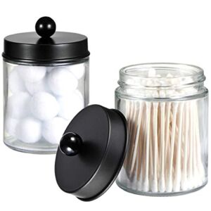 Apothecary Jars Bathroom Storage Organizer – Cute Qtip Dispenser Holder Vanity Canister Jar Glass with Lid for Cotton Swabs,Rounds,Bath Salts,Makeup Sponges,Hair Accessories/Black（2 PACK）