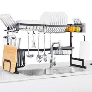 Befano Over The Sink Dish Drying Rack Adjustable (33.5-42.5″ Inch), 2 Tier Large Stainless Steel Dish Drainer for Countertop, Kitchen Storage Organizer with 5 Utility Hooks and Paper Holder -Black