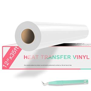 HTVRONT HTV Vinyl Rolls Heat Transfer Vinyl – 12″ x 35ft White HTV Vinyl for Shirts, Iron on Vinyl for Cricut & Cameo – Easy to Cut & Weed for Heat Vinyl Design (White)