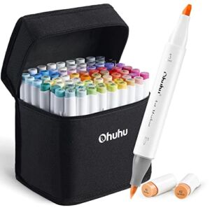 Ohuhu Alcohol Markers Brush Tip – Double Tipped Art Marker Set for Kids Artist Adults Coloring Sketching Illustration – 72 Colors w/ 1 Colorless Alcohol-based Blender – Chisel & Brush Tips – Honolulu
