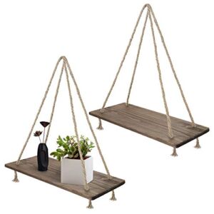 Flexzion Wall Hanging Floating Shelf w/Hooks Set of 2 Rope Swing Mounted Wood Display Rack for Rustic Shelve Plant Shelving, Farmhouse, Home Decor, Living Room, Bathroom, Bedroom, Kitchen, Apartment