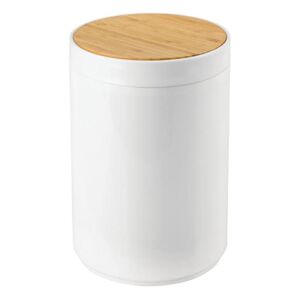 mDesign Plastic Round Trash Can Small Wastebasket, Garbage Bin Container with Swing-Close Lid, Kitchen, Bathroom, Home Office, Bedroom Basket; Holds Waste, Recycling,1.3 Gallon – White/Natural