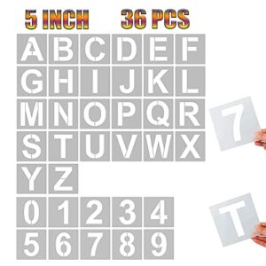5 Inch Letter Stencils and Numbers, 36 Pcs Alphabet Art Craft Stencils, Reusable Plastic Art Craft Stencils for Wood, Wall, Fabric, Rock, Chalkboard, Signage, DIY School Art Projects