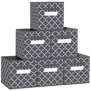 FabTotes Storage Bins 6 Pack Collapsible Storage Cubes, 11″x10.5″x10.5″ Large Toy Book Organizer Boxes with Handles and Label Card & Label Holder, Baskets for Organizing Closet Shelves (Dark Grey)
