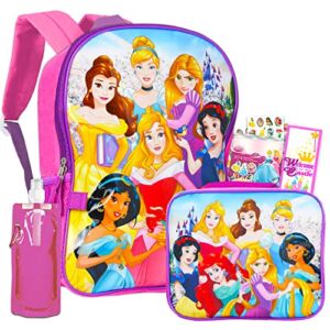 Disney Princess Backpack with Lunch Box for Girls Bundle ~ Deluxe 16″ Princess School Bag, Lunch Bag, Water Bottle, Stickers, and More (Disney Princess School Supplies)