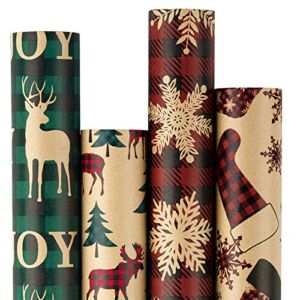 RUSPEPA Christmas Wrapping Paper, Kraft Paper – Red and Green Plaids Style Designs – 4 Rolls – 30 inches x 10 feet per Roll