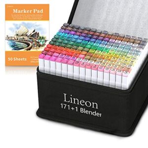 Lineon 172 Colors Alcohol Based Dual Tip Art Markers, 171+1 Blender Permanent Marker Pens Plus 1 Marker Pad 1 Case Perfect for Kids Adult Artist Coloring Books Drawing Sketching and Card Making