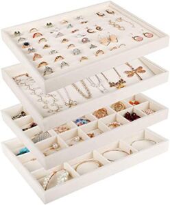 Mebbay Large Stackable Velvet Jewelry Trays Organizer, Jewelry Storage Display Trays for Drawer, Earring Necklace Bracelet Ring Organizer, Set of 4 (Warm White), 13.8″ x 9.5″ x 1.18″