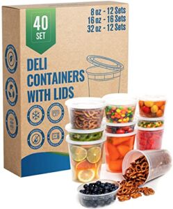 SafeWare 40 Sets [ 12-8oz, 16-16oz, 12-32oz] Deli Plastic Food Containers with Airtight Lids, Leakproof Slime Small Combo Pack [Reusable, Storage, Disposable, Soup, Microwaveable & Freezer Safe]