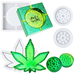 3 Pieces Silicone Resin Casting Mold Set, Including Fall Leaf Resin Mold Silicone Spice Grinder Epoxy Square Coaster Maple Leaf Mold for Thanksgiving Gift DIY Cup Mats Ashtray Home Decor Crafts Making