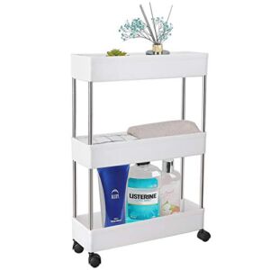 PILITO Slim Storage Cart 3 Tier Rolling Utility Cart Mobile Shelving Unit Organizer with Wheels for Bathroom, Kitchen, Office, Laundry Narrow Places & Dressers, Plastic & Stainless Steel, White