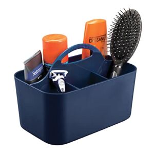 mDesign Small Plastic Shower/Bath Storage Organizer Caddy Tote with Handle for Dorm, Shelf, Cabinet – Hold Soap, Shampoo, Conditioner, Combs, Brushes, Lumiere Collection, Navy Blue