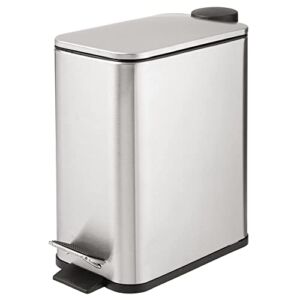 mDesign Slim Metal Rectangle 1.3 Gallon Trash Can with Step Pedal, Easy-Close Lid, Removable Liner – Narrow Wastebasket Garbage Container Bin for Bathroom, Bedroom, Kitchen, Office – Brushed/Chrome