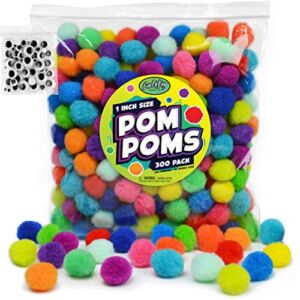 Carl & Kay [300 Pcs] 250 1 Inch Pom Poms & 50 Googly Eyes – Craft Pom Pom Balls – Pompoms for Crafts – Pom Pom for Crafts in Bright & Bold Assorted Colors – Large Pom Poms Arts and Crafts