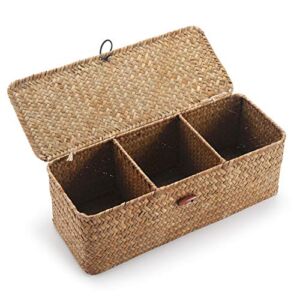 DECRAFTS Seagrass Storage Basket with Lid Rectangular Small Woven Shelf Baskets with Sections for Organize Snack Toys