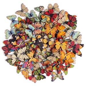 FINGOOO 100 PCS Butterfly Wooden Buttons,1 Inch Colorful 2 Holes Mixed Decorative Buttons for DIY Sewing&Wood Craft Clothes Accessories