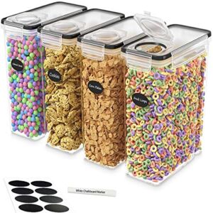 DWËLLZA KITCHEN Cereal Containers Storage Set – Cereal Dispenser Airtight Food Storage Container BPA-Free 4 Pc (135.2oz) Pantry Organization and Storage 8 Labels 1 Marker, Canister for Sugar & Flour