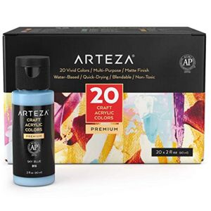 ARTEZA Craft Acrylic Paint, Set of 20 Colors, 2oz/60 ml Bottles, Water-Based, Matte Finish Paints, Art Supplies for Art & DIY Projects on Glass, Wood, Ceramics, Fabrics, Leather, Paper & Canvas