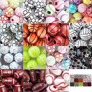 15 Styles Sports Beads Football Baseball Basketball Tennis Volleyball Soccer with 1 Roll of Elastic Rope and a Plastic Box for DIY Bracelet Necklace Making