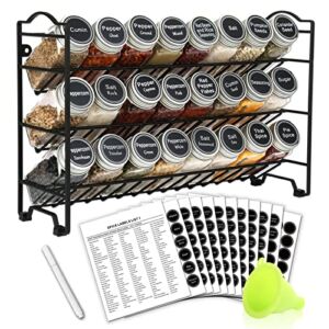SWOMMOLY Spice Rack Organizer with 24 Empty Square Spice Jars, 396 Spice Labels with Chalk Marker and Funnel Complete Set, for Countertop, Cabinet or Wall Mount