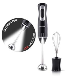 Gourmia GHB2360 12 Speed Illuminating Immersion Hand Blender with Turbo Mode – Comfortable Ergonomic Handle – Whisk Attachment Included – Integrated LED Spotlight – 300 Watt Motor – Black