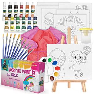 KEFF Kids Painting Set for Girls – Acrylic Paint Set for Kids – Art Supplies Kit with Pre Drawn Canvases, Non Toxic Paints, Wooden Easel, Paint Brushes, Palette & Pink Smock