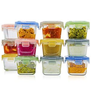 lunchley Glass Food Storage Container 5 oz | Set of 12 | Small Food Jars with Airtight BPA Free Plastic lids | for Food Portion, Dips, Snacks & Overnight Oats | Freezer, Microwave & Dishwasher Safe