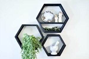 Farmhouse Chic Wall Hexagon Floating Shelves – Set of 3 – Small, Medium and Large – Screws and Anchors Included – Rustic or Modern Shelves, Home, Office, Kitchen – Honeycomb Wall Decor -Black