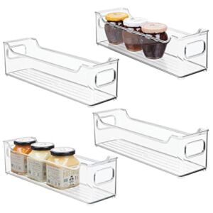 mDesign Slim Stackable Plastic Storage Organization Bin with Handles for Kitchen Cabinet, Pantry, Shelf, Refrigerator, Home Organizer for Fruit, Potatoes, Onions, Drinks, Snacks, Pasta, 4 Pack, Clear