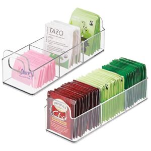 mDesign Plastic Kitchen Pantry, Medicine Cabinet, Countertop Organizer Storage Station Tea Caddy Holder – Holds Beverage and Tea Bags, Sweetener, Individual Packet Condiments – 9″ Long, 2 Pack – Clear