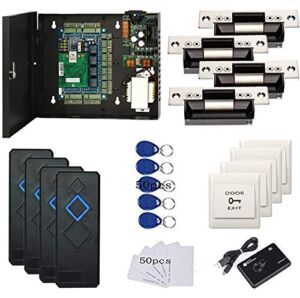 4 Doors Access Control Security Kits with North American ANSI Standard Strike Lock,110V Power Supply Box,RFID Reader,Push to Exit Button,RFID Card & Key Fob,TCP/IP Based,Phone APP Remotely Open Door